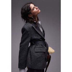 Topshop double breasted belted twill blazer coat in charcoal